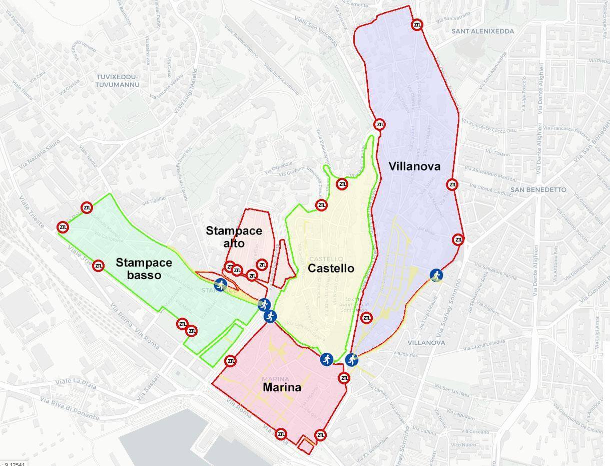 Carte des zones à trafic limité (ZTL) dans la ville de Cagliari, avec différents quartiers colorés et accès réglementés.