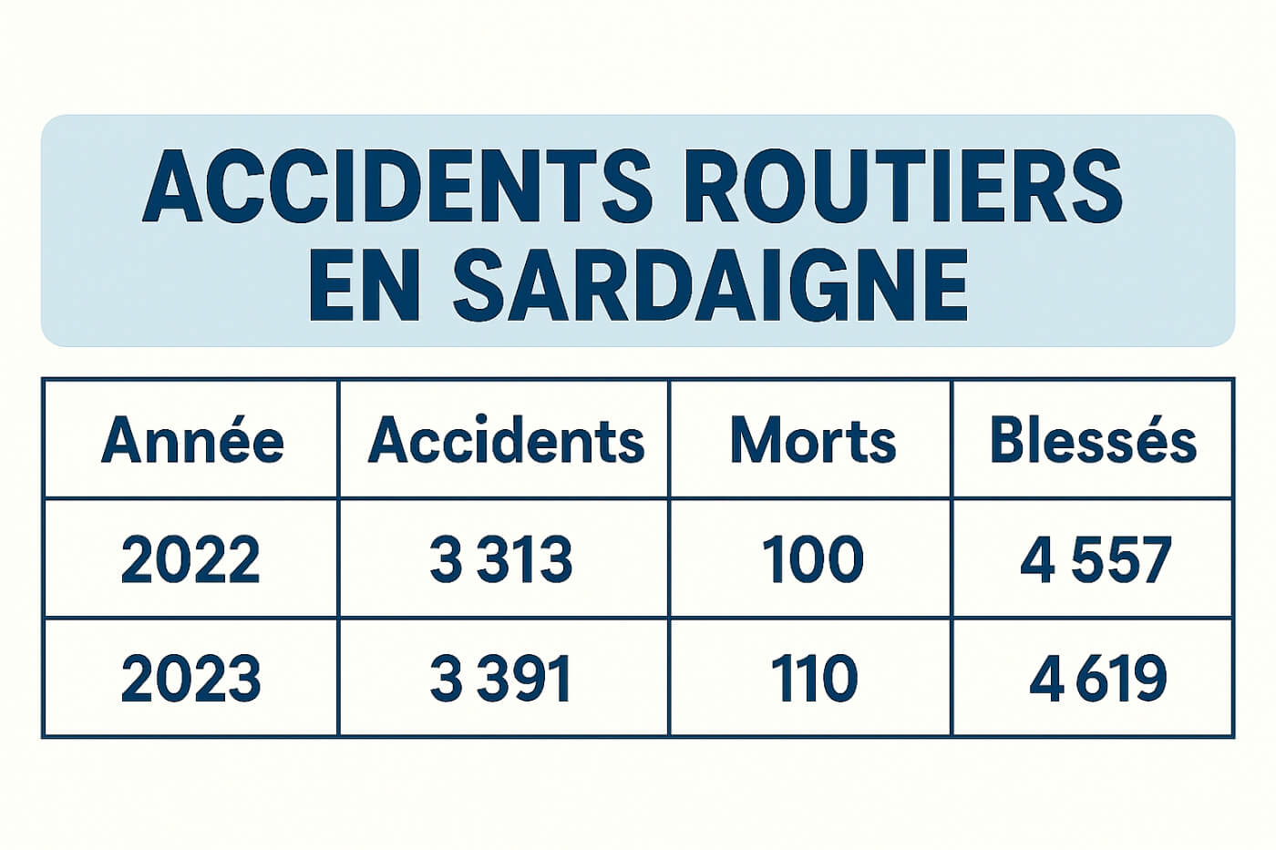 Tableau des accidents, morts et blessés en Sardaigne en 2022 et 2023