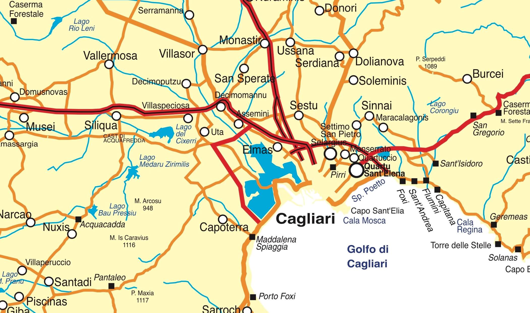 Carte routière de la Sardaigne avec routes principales et villes clés