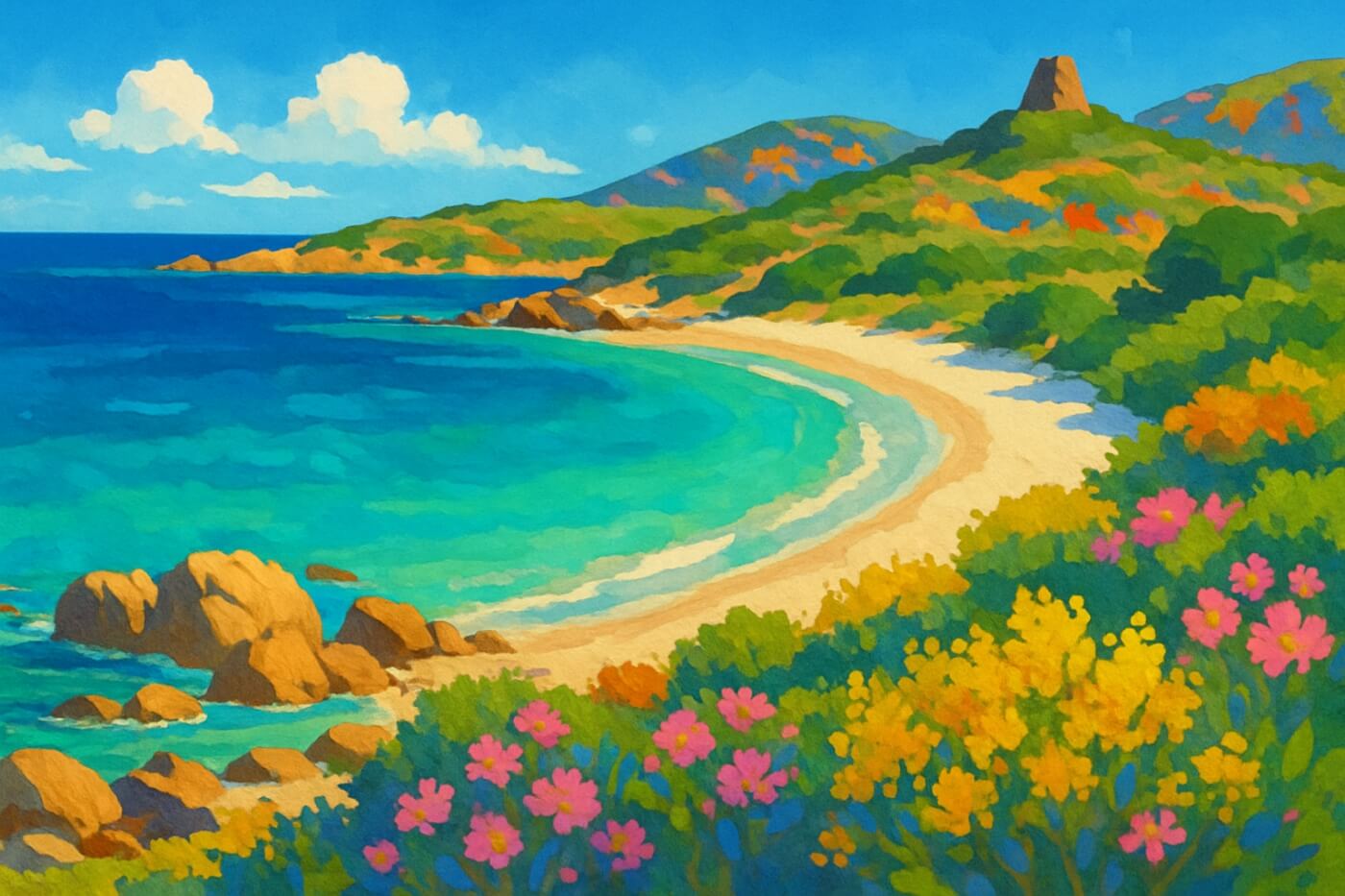 Côte sarde en fleurs au mois de mai, avec tour et plage en arrière-plan.