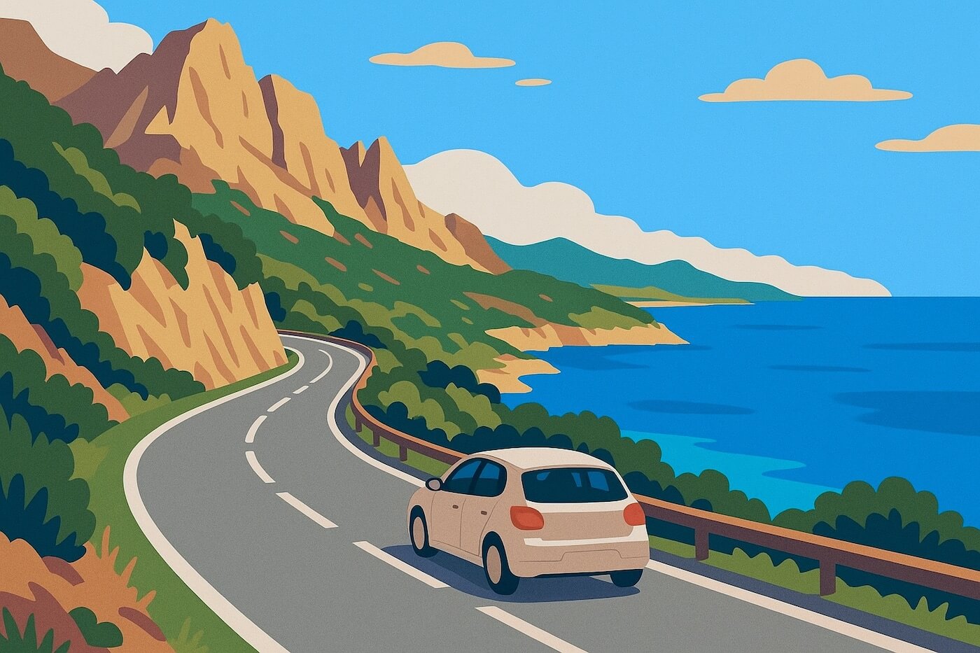 Voiture en road trip en Sardaigne le long d’une route côtière sinueuse.