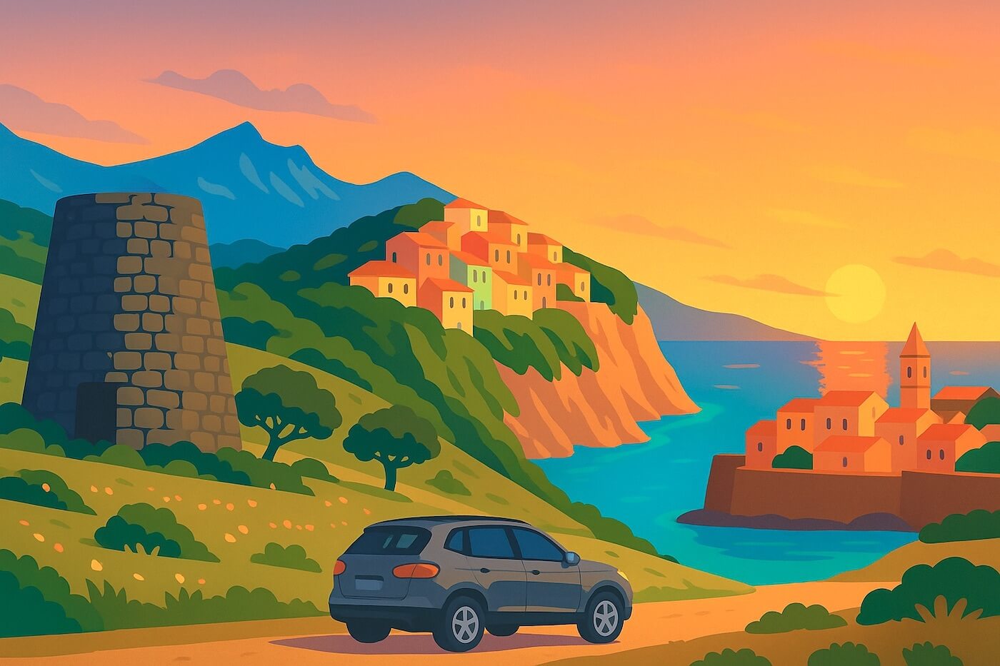 Voiture sur route côtière en Sardaigne pour un road trip face à une tour génoise.